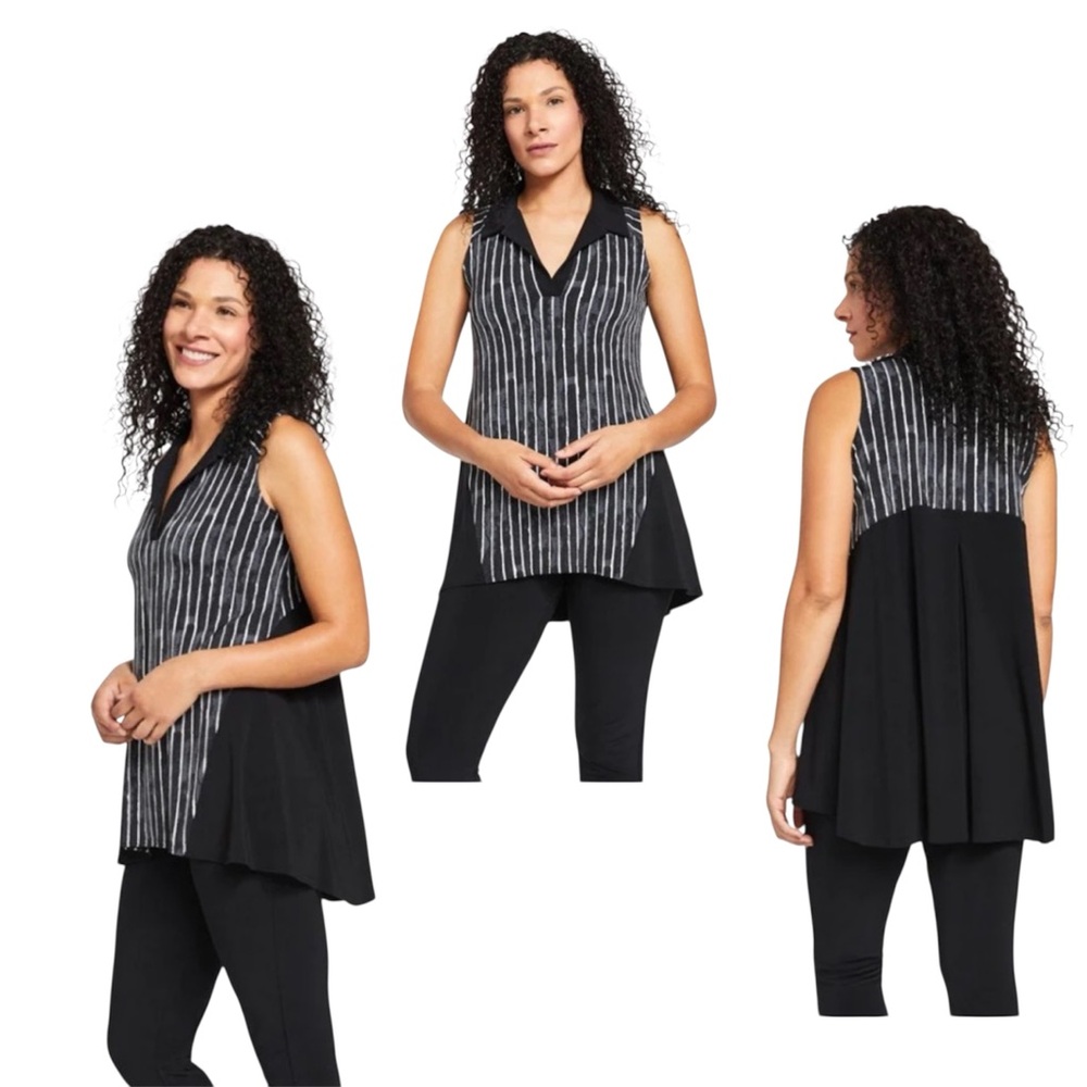 Sympli Sleeveless Bop Top Size 16 Black Stretchy Tunic Painted Lines Minimalist